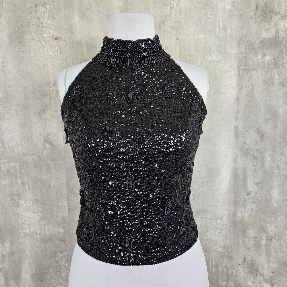 Vintage 60s Kenzar Sequin Beaded‎ Halter Top Sleeveless Evening Formal Size 38